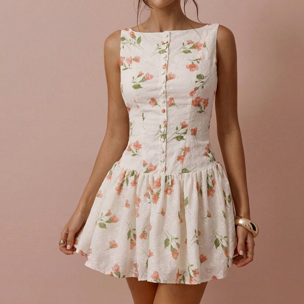 Women's Romantic Elegant Flower Print & Embroidery Mini Dress